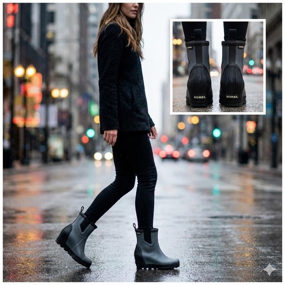 Sorel Shoes - Sorel Joan Rain Wedge Chelsea Boots Quarry Black Grey NL2754-052 Womens 6.5